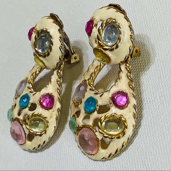VINTAGE GORGEOUS DROP RHINESTONE STATEMENT COLORFUL COSTUME CLIP ON EARRINGS - Picture 8 of 12